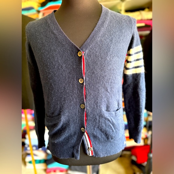 Thom Browne Men's Navy Blue Cashmere Cardigan Sweater S MENDED - Picture 1 of 16